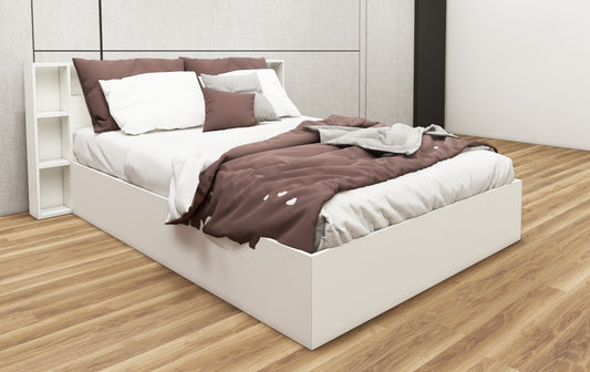 Wool White Finish Queen Size Bed with Storage – Luxury Wooden Bedframe