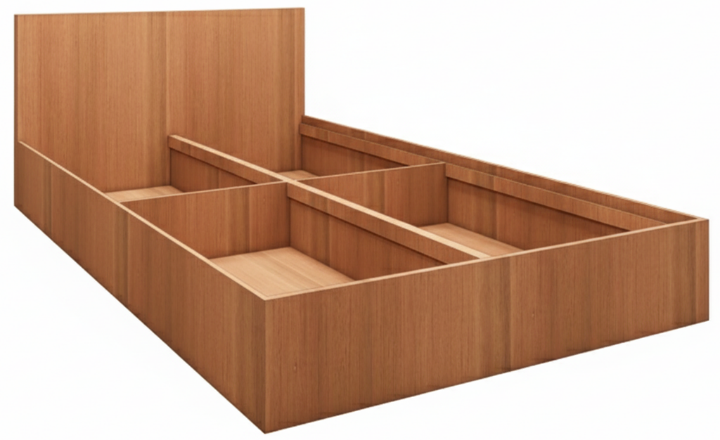 Modern Burma Teak Finish Queen Bed – Spacious Under-Storage Design