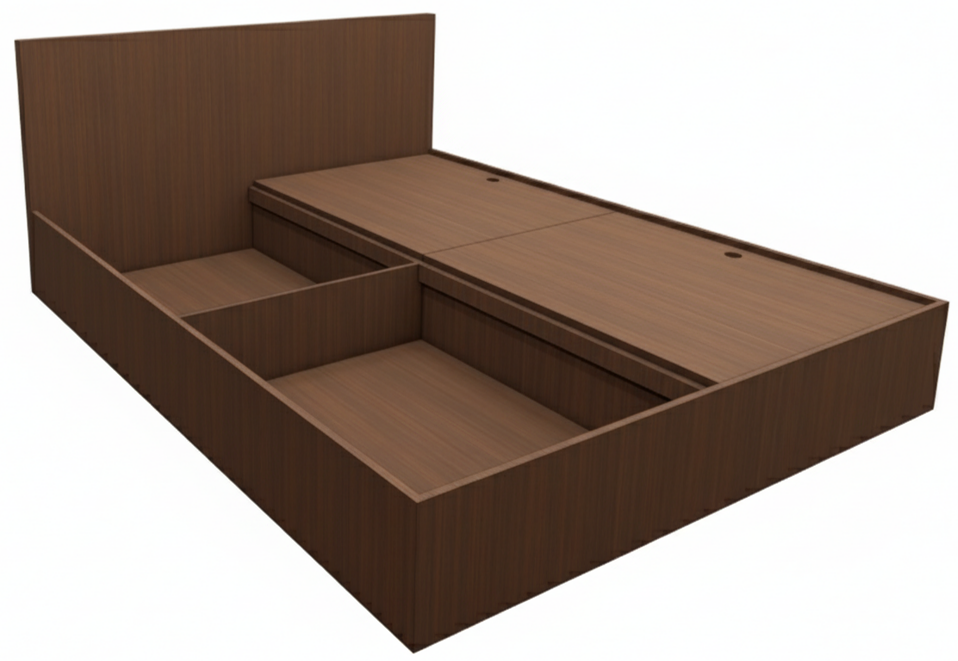 Modern Rich Walnut Finish Queen Bed – Spacious Under-Storage Design