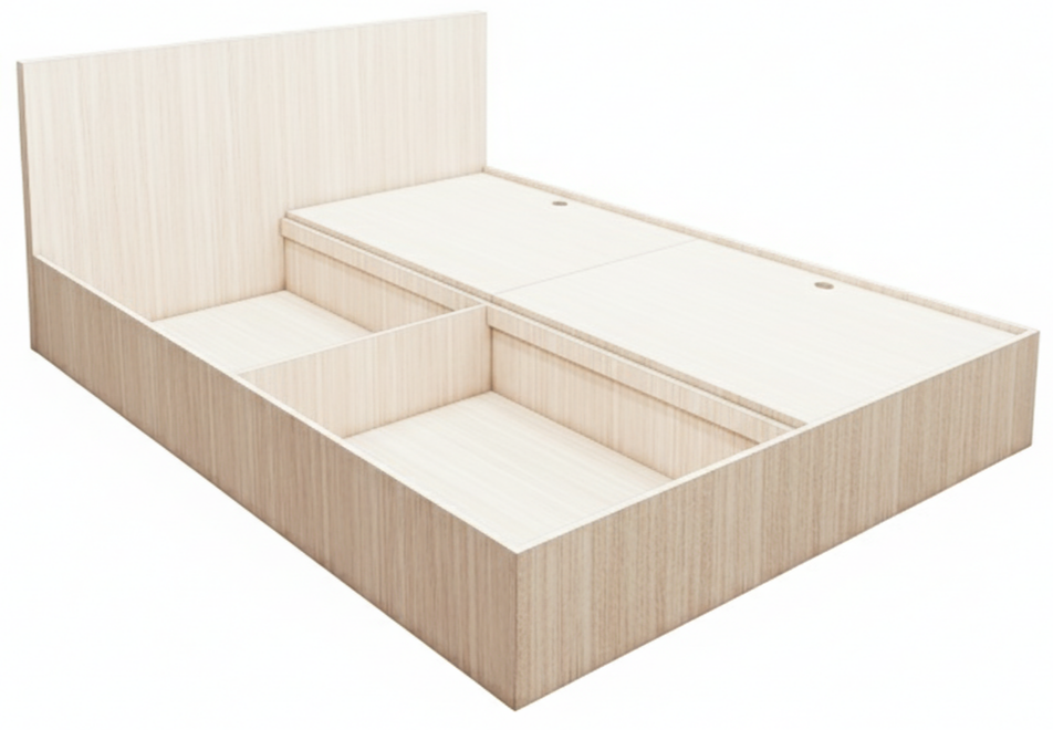 Modern Oak Finish Queen Bed – Spacious Under-Storage Design