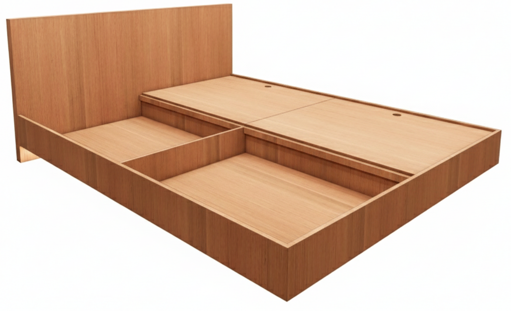 Burma Teak Finish Queen Bed – Modern Box Storage Design
