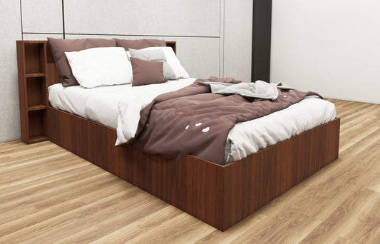 American Walnut Finish Queen Size Bed with Storage – Luxury Wooden Bedframe
