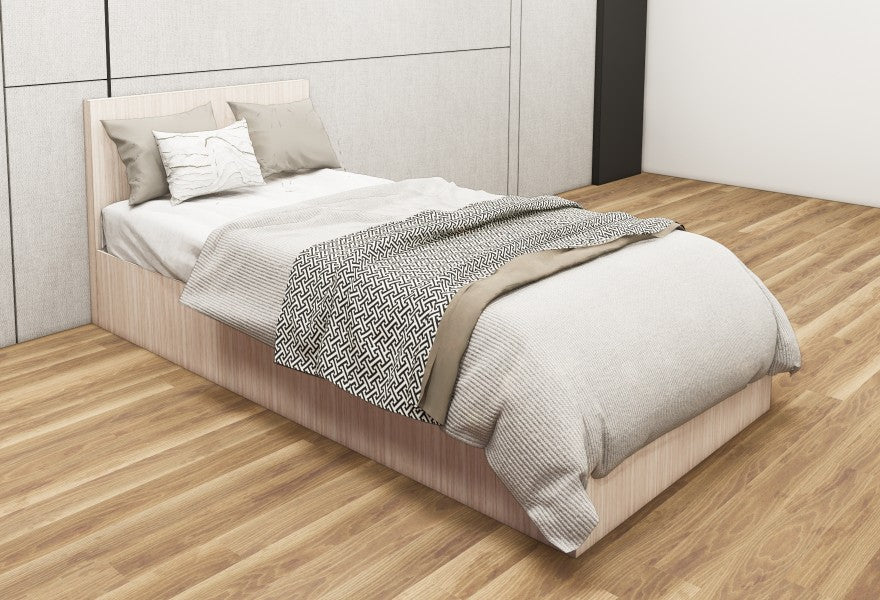 Modern Oak Finish Single Bed with Storage – Compact Wooden Bedframe
