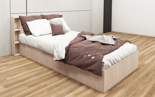 Modern Oak Finish Single Bed with Headboard Storage