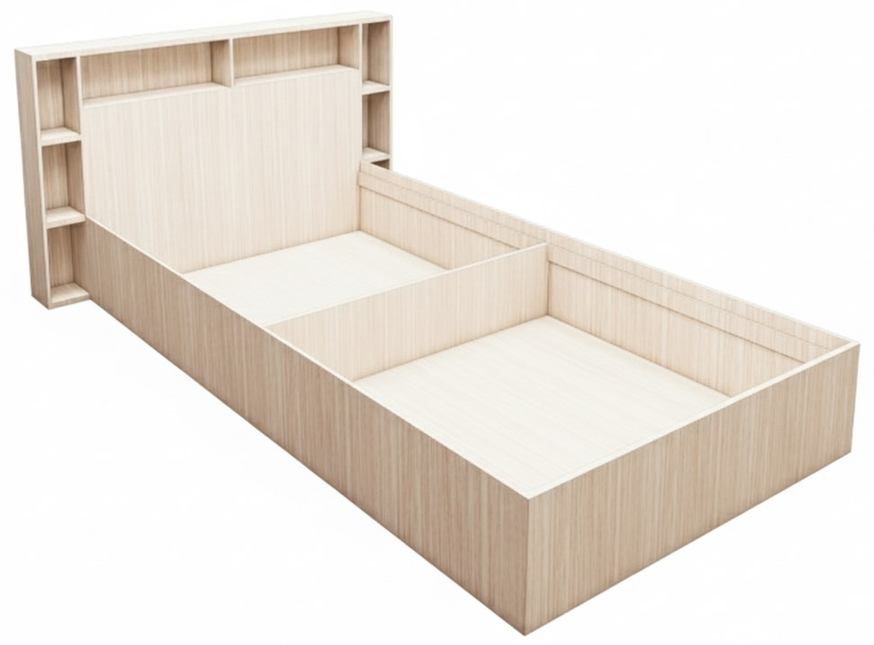 Modern Oak Finish Single Bed with Headboard Storage