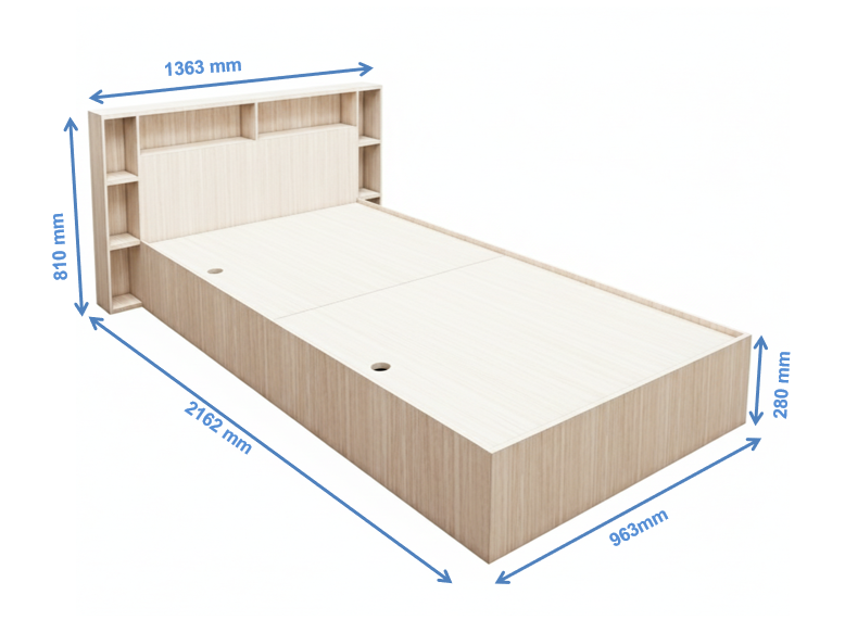 Modern Oak Finish Single Bed with Headboard Storage