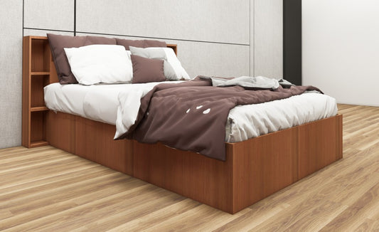 Burma Teak Finish Single Bed with Headboard Storage