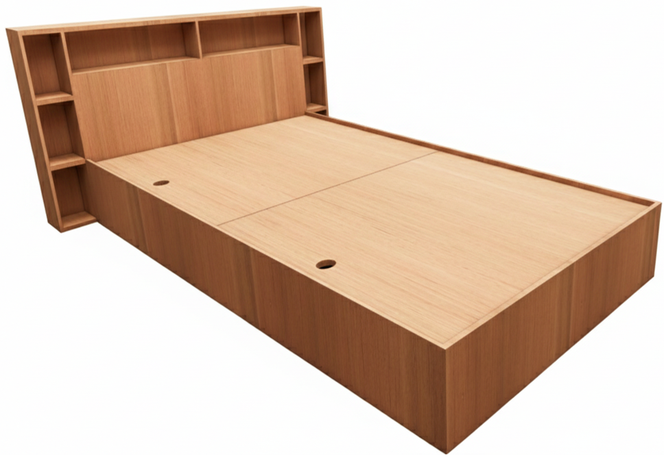 Burma Teak Finish Single Bed with Headboard Storage