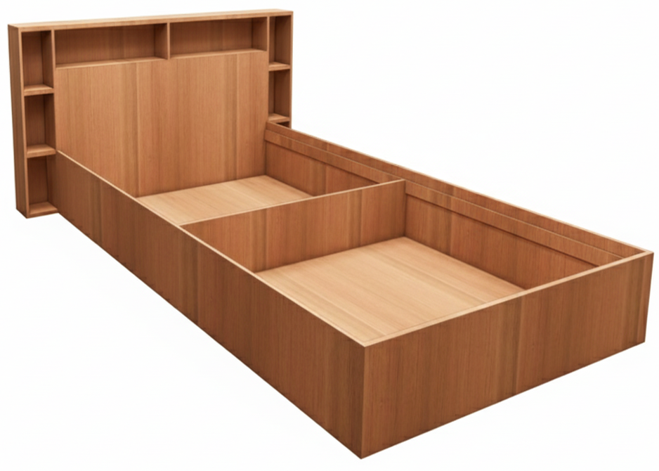 Burma Teak Finish Single Bed with Headboard Storage