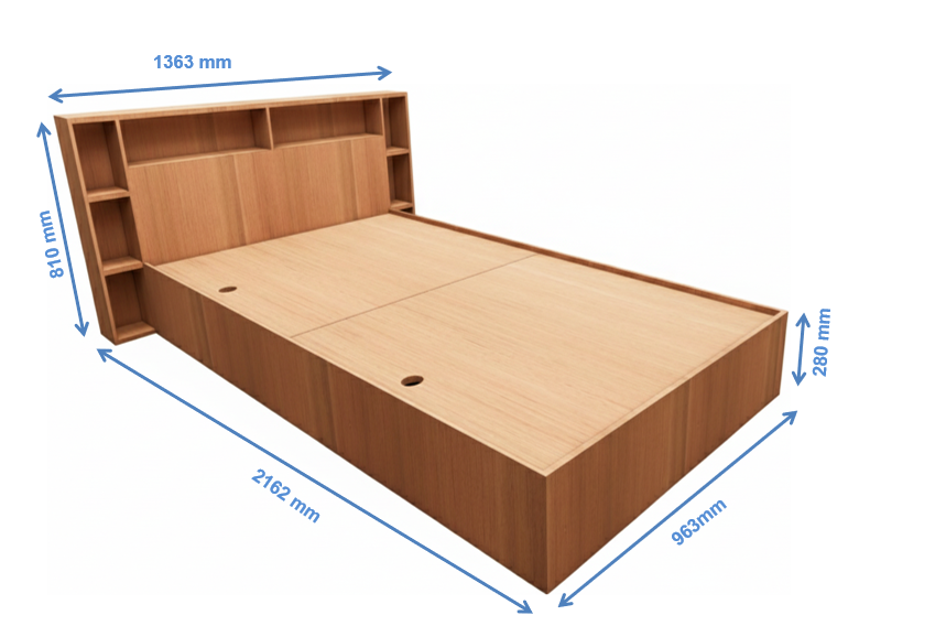 Burma Teak Finish Single Bed with Headboard Storage