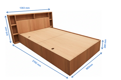 Burma Teak Finish Single Bed with Headboard Storage