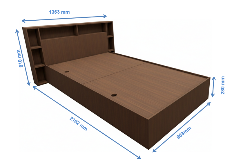 Rick Walnut Finish Single Bed with Headboard Storage