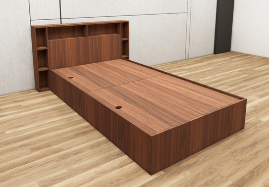 American Walnut Finish Single Bed with Headboard Storage